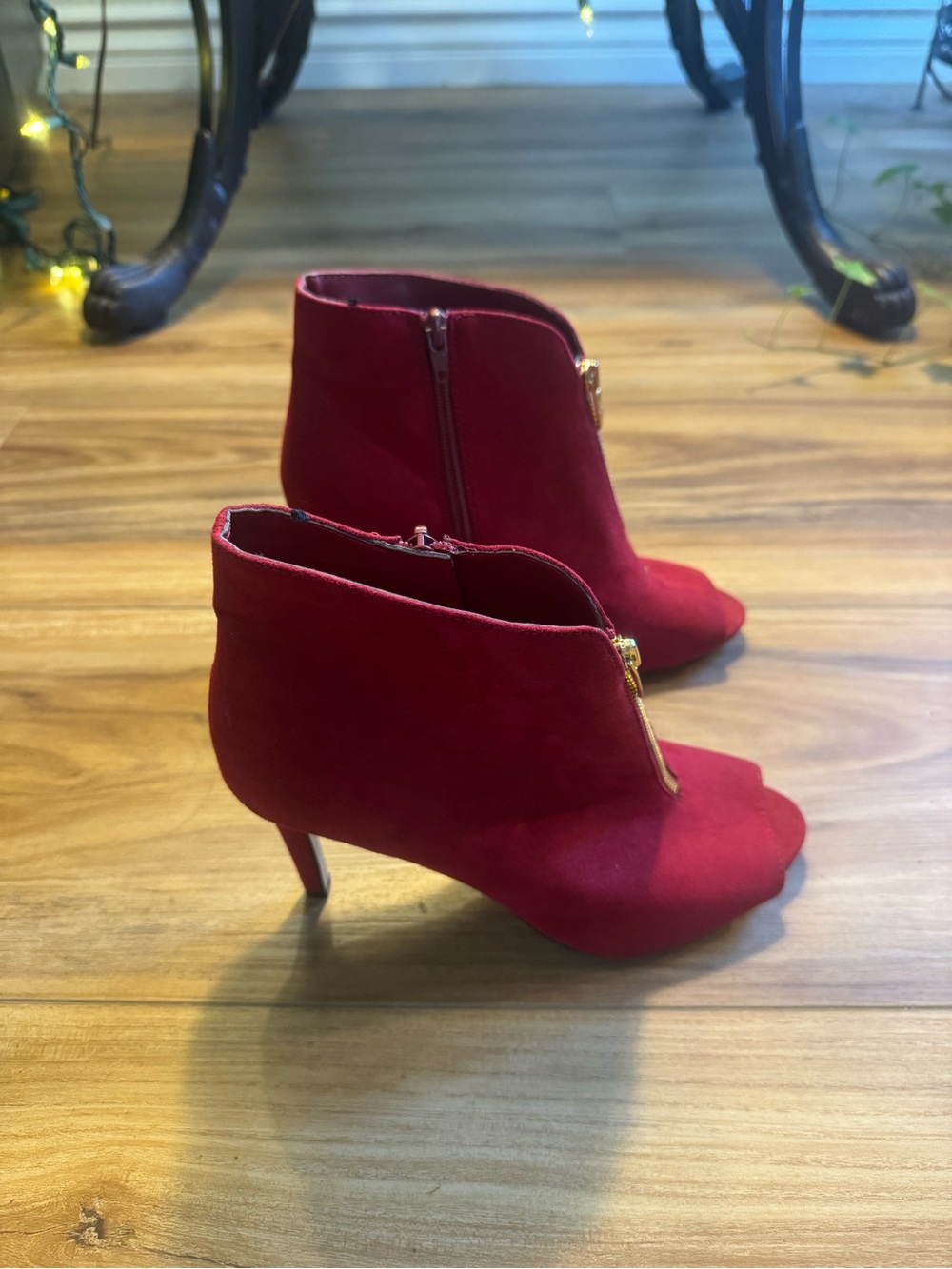 Marc Fisher Red Faux Suede Peep-Toe Ankle Booties with Gold Front And Inside Zip